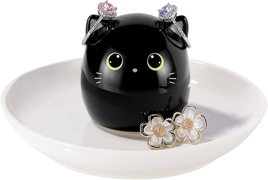 PUDDING CABIN Cat Lover Gifts for Women, Black Cat Ring Holder Dish for Jewelry Rings Earrings Necklace Watch Keys, Birthday Christmas Engagement Wedding Gifts