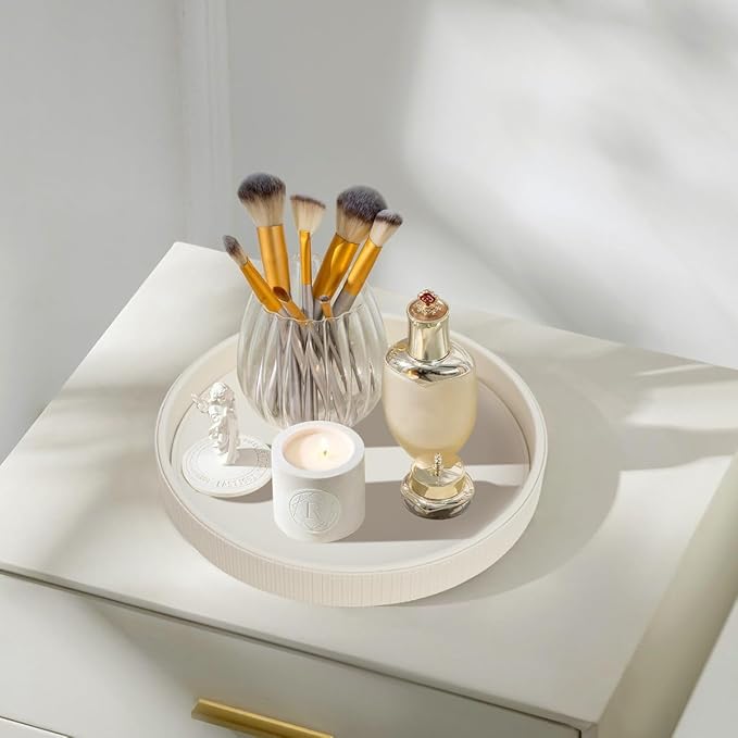 HofferRuffer Round Decorative Tray, Faux Leather Vanity Tray Decor, Decorative Catchall for Perfume, Bathroom Valet, Nightstand or Dresser (Creamwhite Stripe, Round-12" x 12" x 1.6")