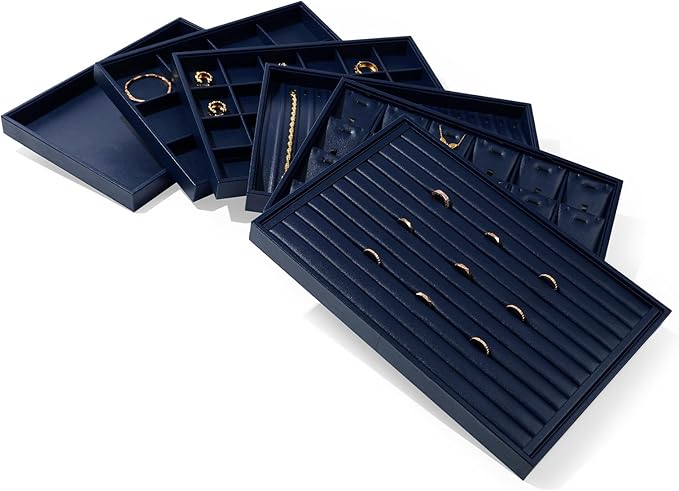 Blue Leather Jewelry Tray Jewelry Display Tray Stackable Jewelry Drawer Organizer Tray Necklace Bracelet Holder Tray for Necklace Bracelets Watches Storage(Blue)