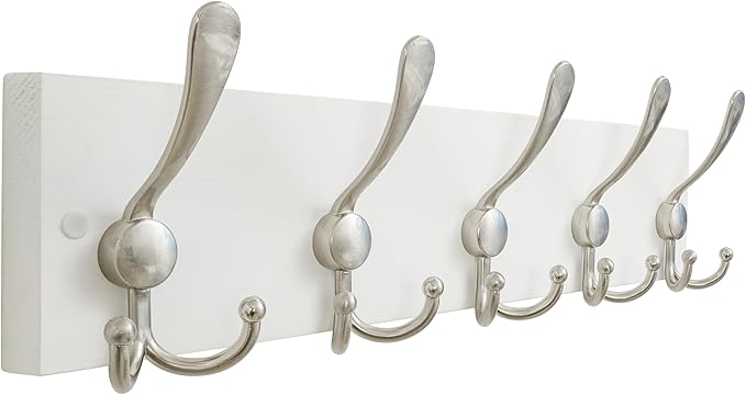 SKOLOO Creations White Solid Wood Wall Mounted Coat Rack, 5 Hooks, 16-7/8" Long - Kitchen, Mudroom, Entryway, Bathroom - Includes Mounting Hardware, Wall Coat Hanger, Towel Rack