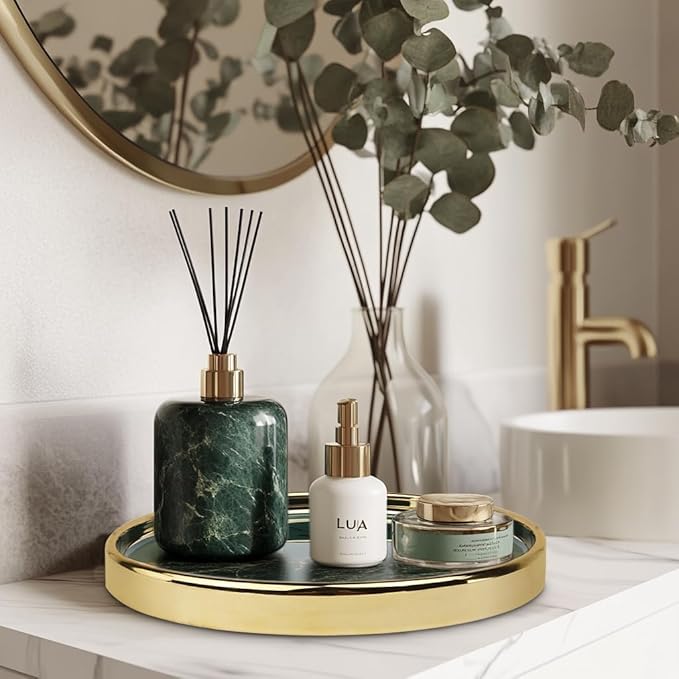 Makeup Perfume Organizer Round Bathroom Vanity Tray Decorative Dresser Tray Countertop Organizer Tray for Cosmetics,Green