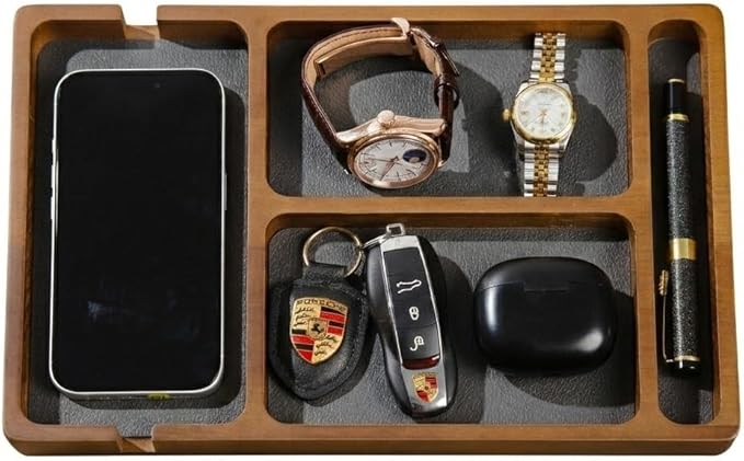 Shinpuru Wooden Valet Tray with Leather Inlay - Nightstand & Desk Organizer - EDC Essentials Catchall Tray for Keys, Phone, Wallet, Watch, Earbuds - Stylish Storage (Wood-Pen)