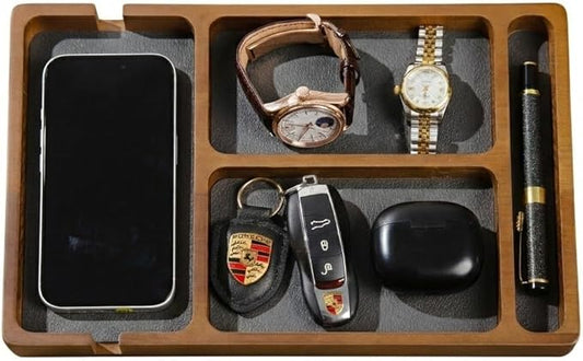Shinpuru Wooden Valet Tray with Leather Inlay - Nightstand & Desk Organizer - EDC Essentials Catchall Tray for Keys, Phone, Wallet, Watch, Earbuds - Stylish Storage (Wood-Pen)