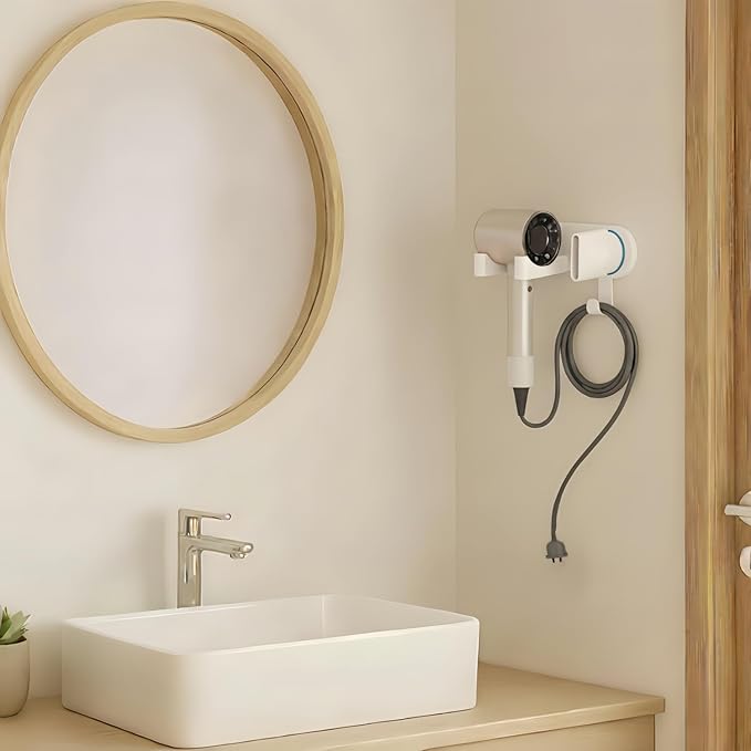 Hair Dryer Holder Wall Mounted, Blow Dryer Holder with Strong Magnet, Dyson Hair Dryer Holder Adhesive Aluminum Alloy Organizer for Bathroom White UEMUSI