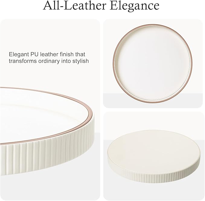 GORESE 12" Round Decorative Serving Tray for Coffee Table, PU Leather Compact Table Tray for Home Decor, Nightstand Valet Tray for Jewelry, Perfume & Keys, Cream White