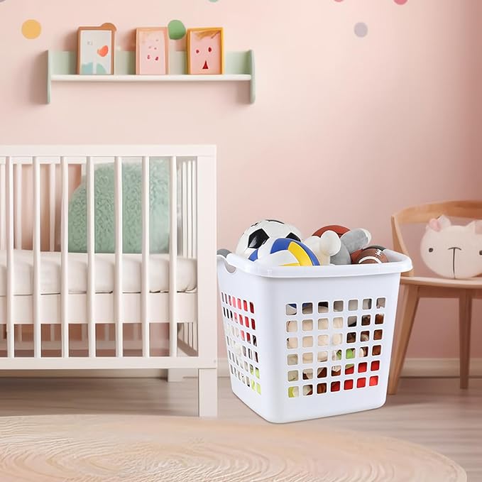 2 Bushel Square Tall Plastic Laundry Basket, 72 L Large Plastic Hamper with Carry Handle, White, 4 Pack