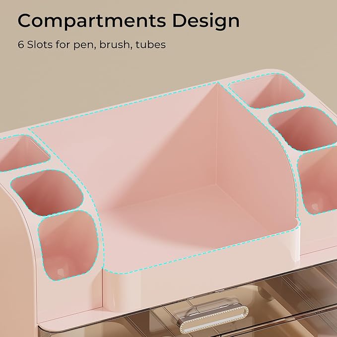 Makeup Organizer for Vanity with 2 Large Drawers, Cosmetic Display Case with Brush Holders, Easy to Storage for Bathroom Countertop Skincare, Desk Office Supplies, Pink