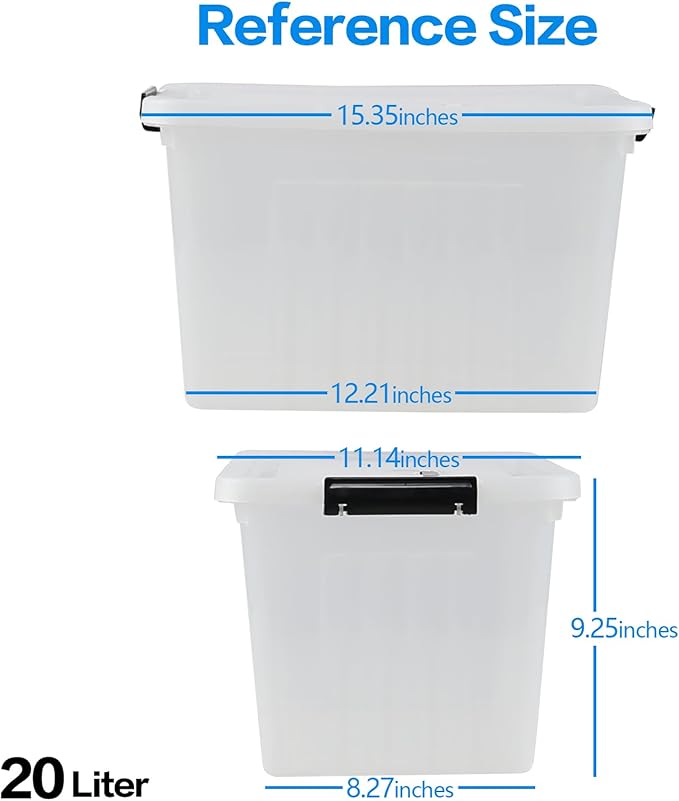 20 L Clear Storage Box with Handle, Plastic Latching Organizing Bin, 4 Pack