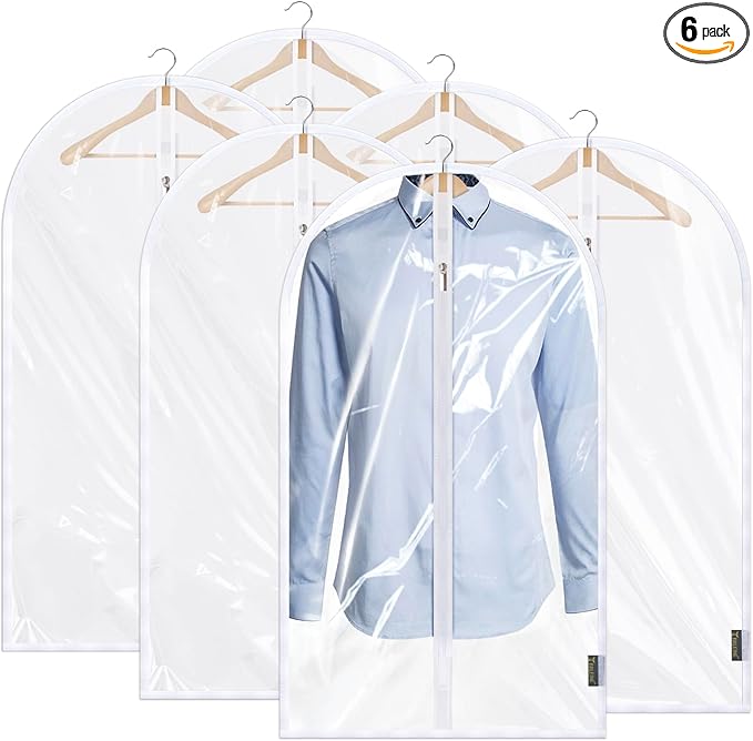 BALEINE 40'' Clear Garment Bags, 6 Packs PEVA Dress Bag for Closet Clothes Dresses Suit Coats Storage (Clear, 6PK)