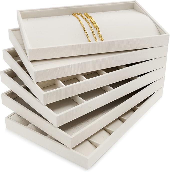 12 Grids Linen Jewelry Trays Bangl Earring Holder Tray Stackable Jewelry Organizer For Drawer (Beige)