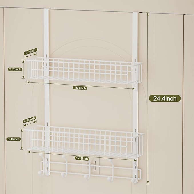 Over The Door Hooks, Door Hanger Towel Rack with 10 Coat Hooks & 2 Mesh Basket, Over Door Storage Organizer for Bathroom, Bedroom, Kitchen, Office, Easy Installation, White