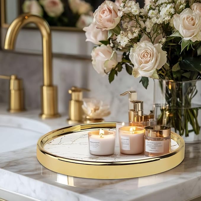 Round Marble Decorative Tray, Multi-Functional Storage Organizer for Vanity, Coffee Table, Jewelry, Perfumes and Home Decor, Luxury Accent Tray
