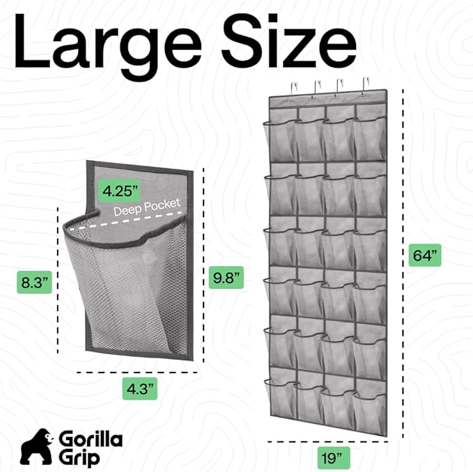 GORILLA GRIP Over the Door Shoe Organizer, 24 Large Breathable Mesh Pockets, Space Saving Hanging Storage Holder, Closet Rack Hanger Holds Up to 40 lbs, Hangs on Closets for Shoes, Accessories, Gray