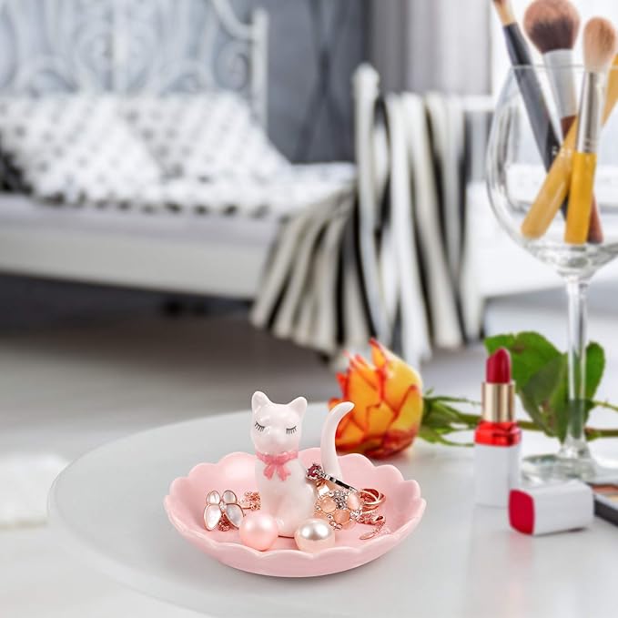 ROSA&ROSE Cat Ring Holder Trinket Tray Ceramic Jewelry Dish Porcelain Ring Organizer Gift for Women, Girlfriend or Valentine's Day (White/Pink)