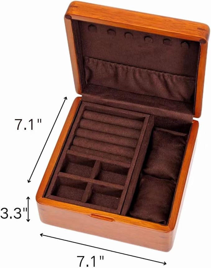 Bescott 2 Layer Solid Wooden Jewelry Box for Women Real Wood Vintage Jewelry Organizer Storage for Earrings Rings Necklaces Bracelet Watch Men
