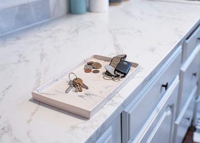 NAT & Jules 10 x 6 Ceramic Stoneware Vanity Tray - Perfect Bathroom or Kitchen Counter Organization Décor: Sponge Holder, Soap Dish, Jewelry and Perfume Tray, Marbled Cream