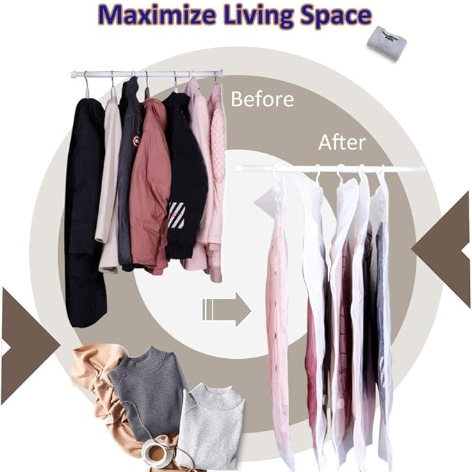 6 Hanging Vacuum Storage Bags for Clothes, 3 Jumbo & 3 Large Space Saver Seal Bags for Coat, Clear Garment Protector for Closet Wardrobe, Fit for Any Vacuum Cleaner, 53"x27.6" & 43.3"x27.6"