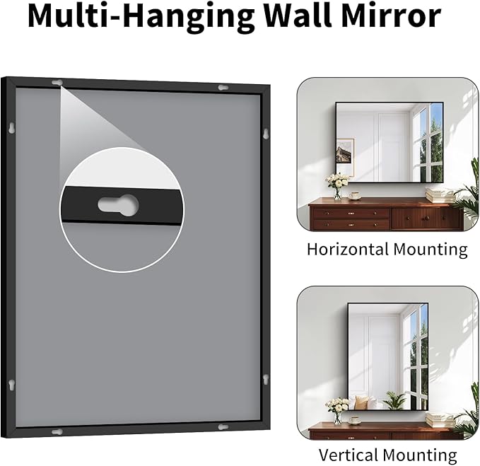 Koonmi Black Framed Bathroom Mirror - Shatterproof 30"x40" Tempered Glass, HD No Distortion, Horizontal/Vertical Mount, Modern Matte Aluminum Alloy Frame