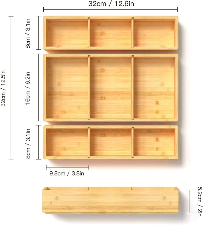 Bamboo Drawer Organizer 12.5'' X 12.5'' X 2'', Adjustable 3 Individual Junk Drawer organizer for Bathroom and Kitchen, Wood Drawer Tea Organier Boxes for Silverware, Make up and Tea Bag