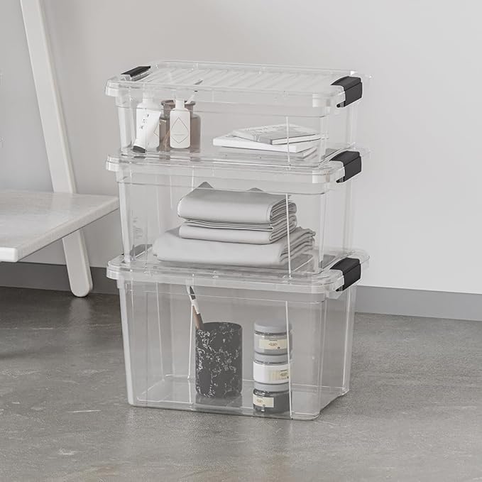 Superio Clear Storage Box with Lid, 3.5 Quart Plastic Container Bins for Organizing, Stackable Crates, BPA Free, Non Toxic, Odor Free, Organizers for Home, Office, School, and Dorm, 18 Pack