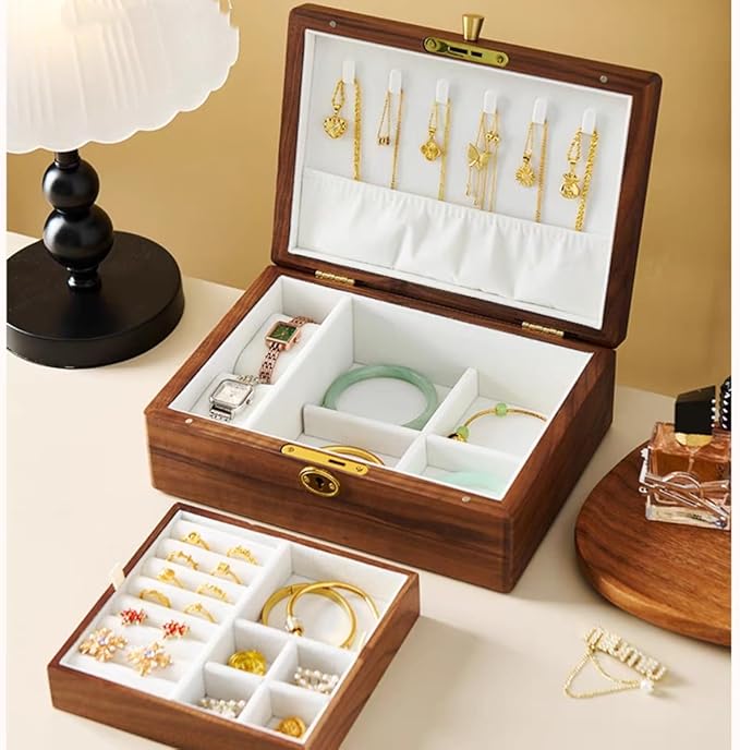 Bescott 2 Layer Solid Black Walnut Wooden Jewelry Box with Lock and Key for Women Wood Vintage Organizer for Men Earrings Rings Necklaces Bracelet Watch Storage Mother's Day Gift