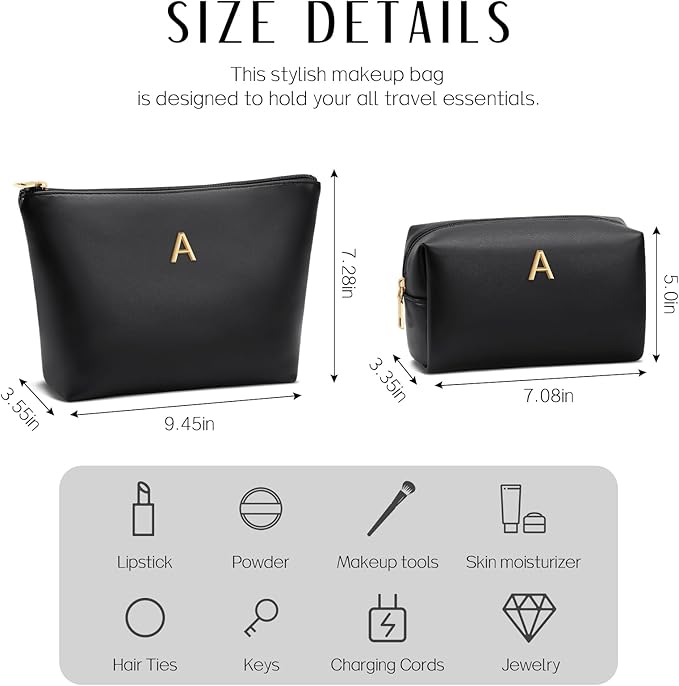 Valentine's Day Gifts for Women Girlfriend Initial Makeup Bag for Teen Girls Personalized Gifts for Friend Teacher Mom Wife Cosmetic Travel Toiletry Bag(Black,A)