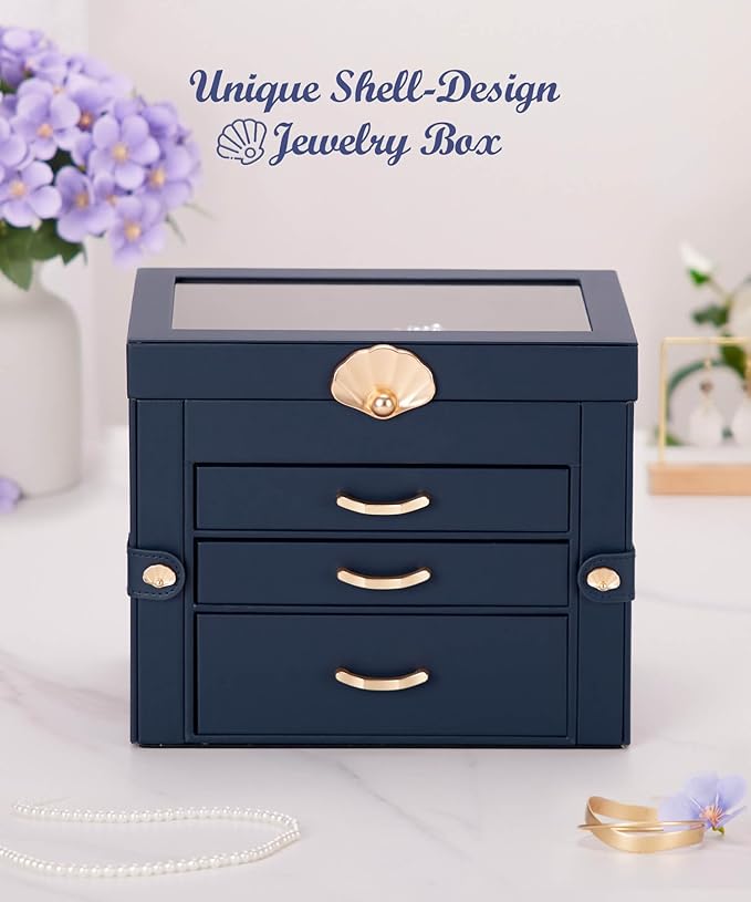 Jewelry Box with 3 Drawers: Display Organizer for Earrings Necklaces - Gifts for Girls Women (Dark Blue)