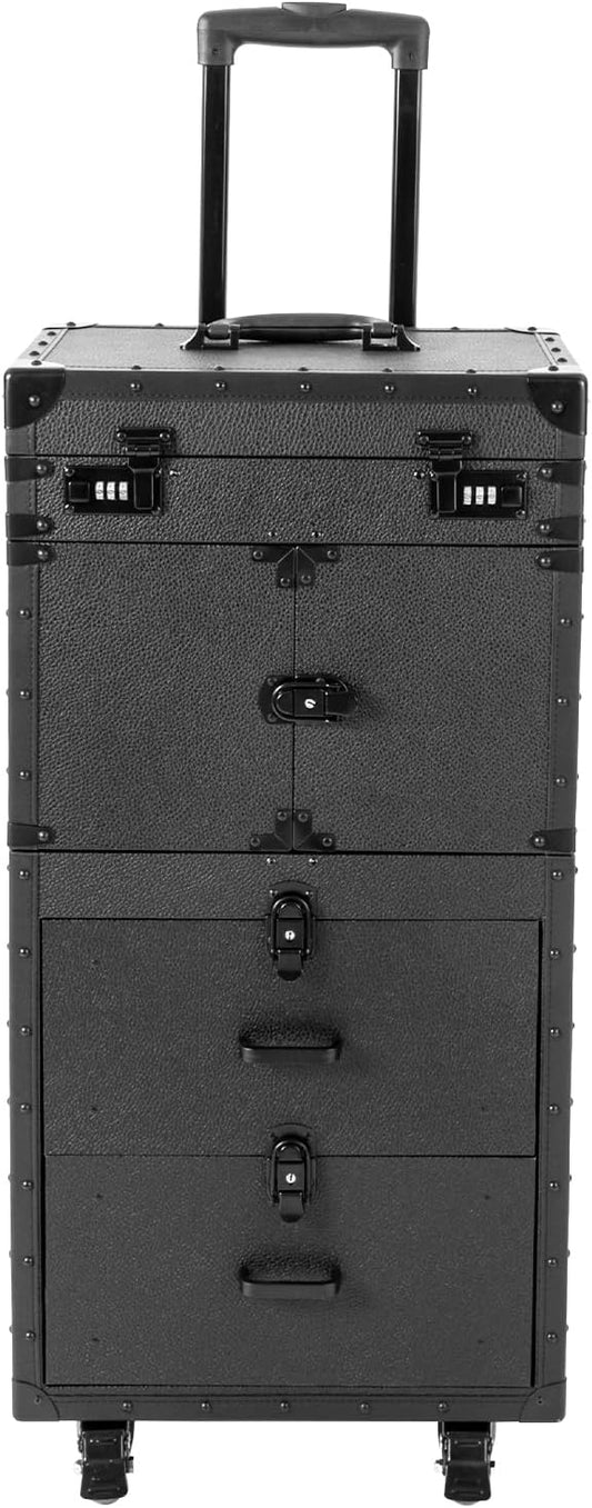 Rolling Lockable Makeup Train Case,Professional Makeup Train Case,Aluminum Cosmetic Case with 360° Swivel Wheels,Multifunction Cosmetics Trolley Train Case