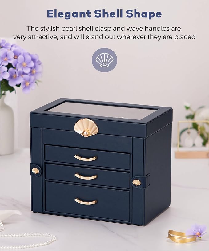 Jewelry Box with 3 Drawers: Display Organizer for Earrings Necklaces - Gifts for Girls Women (Dark Blue)
