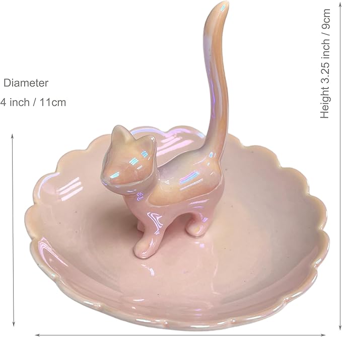 ROSA&ROSE Cat Ring Holder Trinket Tray Ceramic Jewelry Dish Porcelain Ring Organizer Gift for Women, Girlfriend or Valentine's Day (Pink)