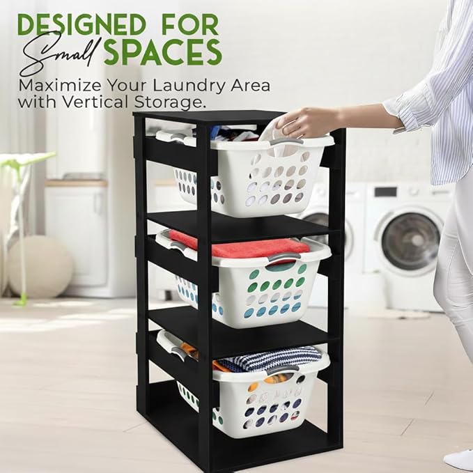 Laundry Basket Holder Shelf – Stackable Engineered Wood Laundry Tower, Tiered Hamper Organizer for Bathroom, Bedroom, Closet (Black, 3 Tier)