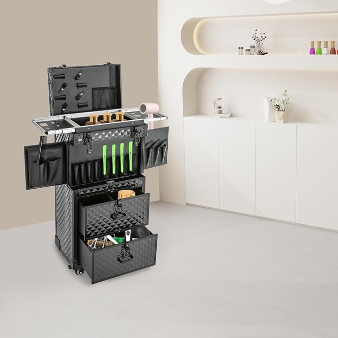 Rolling Makeup Case with Wheels and Locks, Cosmetology Case Makeup Train Case for Salon Barber Large Beauty Salon Luggage Rolling Lockable Makeup Train Extendable Tray Hairdressing (Style 3)