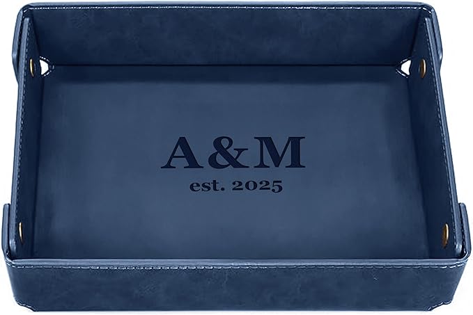 Engraved PU Leather Valet Tray for Couples – Personalized Catchall with Custom Name – Organizer for Keys, Wallet, Jewelry – Romantic Gift – Blue