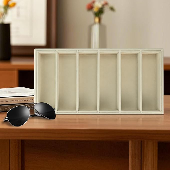 Sunglass Organizer Tray 2 Pcs - 6-Velvet Sunglasses Organizer Tray, Compartment Stackable Glasses Drawer Storage and Display, Trade Show Home Use, Display Case for Eyeglasses Jewelry Display–Beige