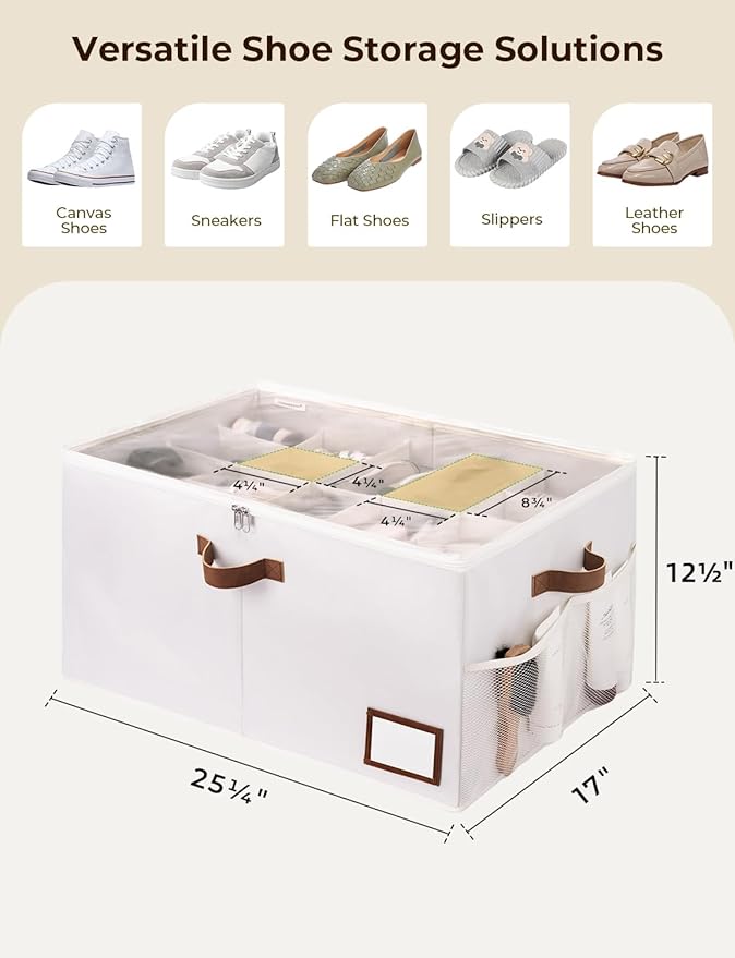 StorageWorks Shoe Organizer for Closet, Fits up to 20 Pairs, Shoe Cubby Storage Containers with Side Mesh Pocket and Clear Cover, Beige