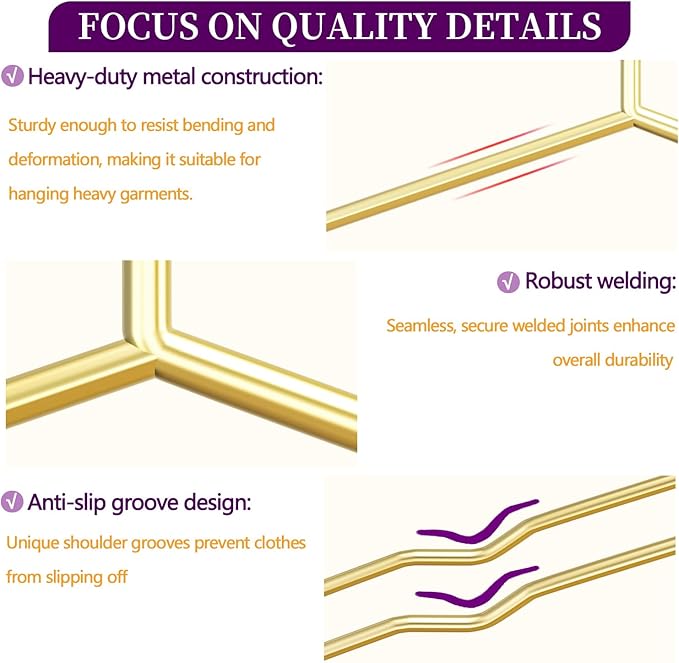 60Pack Gold Hangers + 10 Clothes Pins, Premium Glossy Gold Strong Metal Hangers, Upgraded Thickened Reinforced 50lbs Weight Capacity, Suitable for Heavy Coats, Jackets, Shirts, Dresses