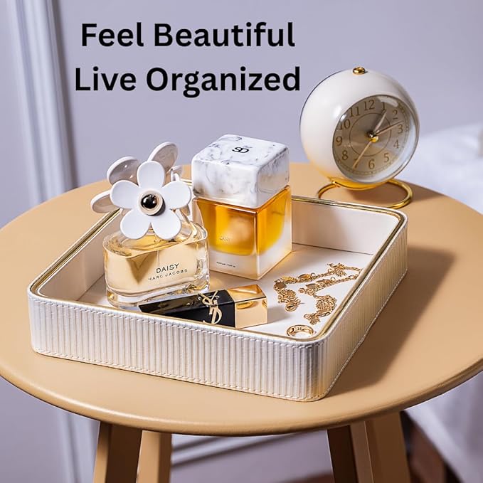 ZHEM Small Night Stand Organizer Nightstand Tray Bedside Table Organizer Women| Dresser Trays for Bedroom Leather Valet Trinket Tray Catch All| Purse Bowl for Women| Desk Trays (White)