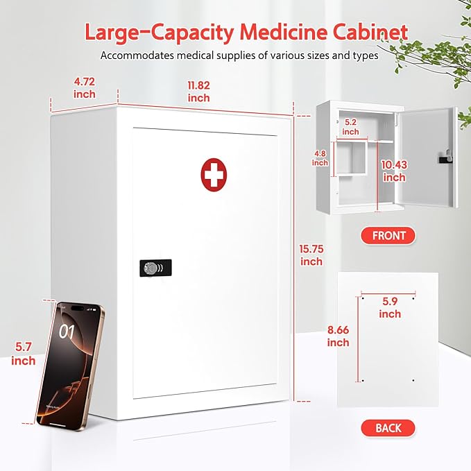 Wall-Mount Locking Medicine Cabinet: Large Metal Storage Organizer Box with Combination & Key Lock - First Aid Medicine Cabinet 3-Compartment Design for Bathroom Home (15.75" H x 11.82" W x 4.72" D)