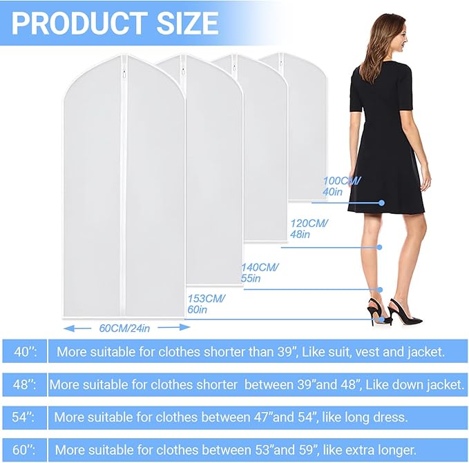 Suit Bags for Closet Storage Garment Bag (24'' x 40'' Set of 12) Clear Garment Bags for Hanging Clothes Plastic Waterproof Suit Cover Bag with Zipper for Coats, Jackets, Shirts Closet