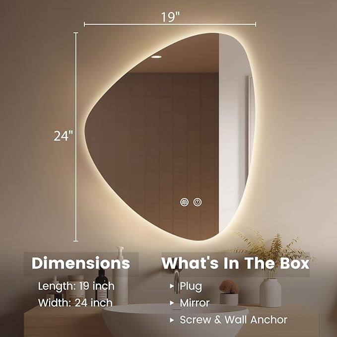 WallBeyond LED Bathroom Mirror with Lights, 19 x 24 Inch Led Bathroom Vanity Mirror for Wall, Anti Fog Mirror for Bathroom, 3 Colors and Dimmable Light