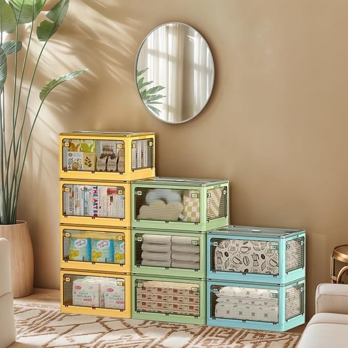 49Qt(2Pack) 20.3x14.2x11.8 Clear Plastic Storage Bins With Lids, collapsible, stackable With Wheels and Four Doors, Closet Pantry Organizer,Clothes Organizer,Plastic Tool Box,Bathroom