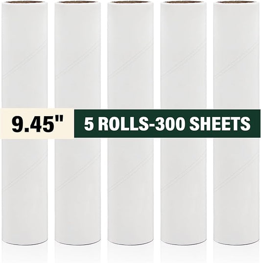 Lint Roller Refills 9.45” Large Lint Roller Refill (5 Rolls-300 Sheets) Sticky pet Lovers lint Roller Refill for Cleaning Carpets, Floor, Clothes, Pet Hair