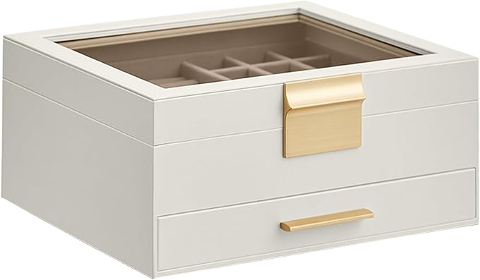 SONGMICS Jewelry Box Organizer with Glass Lid, 2-Layer Jewelry Storage, with 1 Drawer, Modern Style, 8 x 9.1 x 4.1 Inches, Cloud White and Gold Color UJBC174W01
