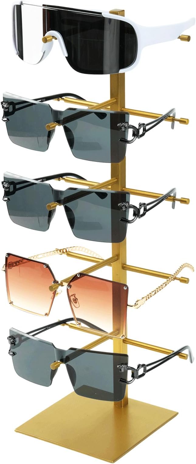 5-Tier Sunglass Display Stand, Sunglasses Organizer, Titanium Brushed Eyeglass Holder Stand, Gold Sunglasses Rack for Homes, Offices, Boutique Shops（PATENT PENDING