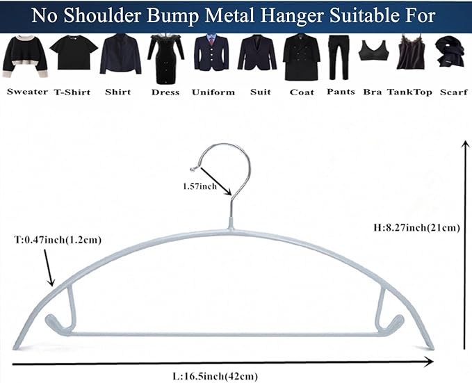 16.5 Inch Pack of 20 No Shoulder Bumps Non-Slip Rubber Coating Contour Metal Hangers, Sweater Hanger, Suit Hanger with Pants Bar (Silver)