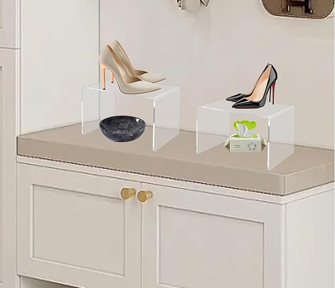 2 PC of 12'' Extra Large 5mm Thickness Clear Acrylic Risers, Acrylic Display Risers Shelf Showcase Fixtures for Jewelry, Display Stand for Amiibo Funko POP Figures, Cupcakes, Food Display, Cabinet- (12''x7.75''x6'', 2 sets