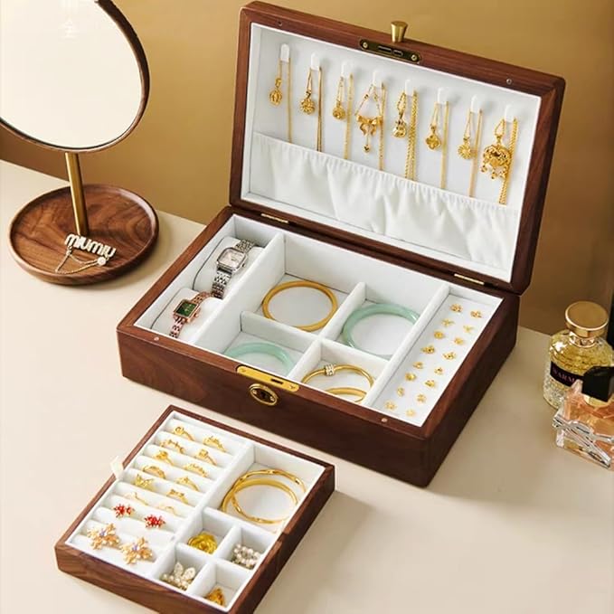 Bescott 2 Layer Solid Black Walnut Wooden Jewelry Box with Lock and Key for Women Wood Vintage Organizer for Men Earrings Rings Necklaces Bracelet Watch Storage Mother's Day Gift