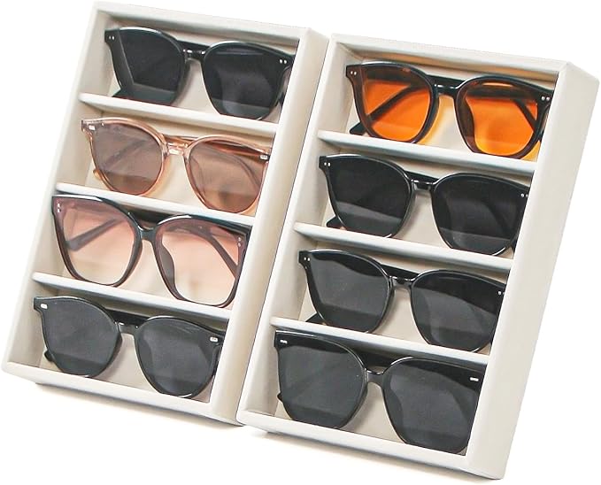 Byken 2 Pcs Sunglasses Organizer,4 Grid Eyeglass Jewelry Storage Tray for Drawer,Beige White
