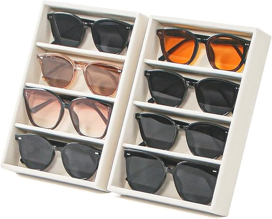Byken 2 Pcs Sunglasses Organizer,4 Grid Eyeglass Jewelry Storage Tray for Drawer,Beige White