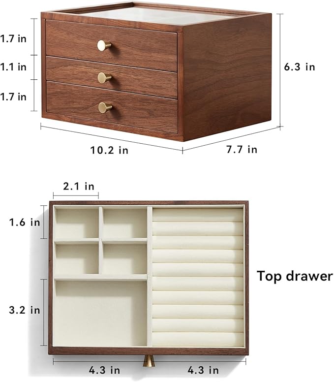 CHOSIN Black Walnut Wooden Jewelry Box for Women, 3-Layer Wood Jewelry Organizer with Glass Lid for Watches, Necklaces, Rings & Earrings Storage Valentine's Day Gifts